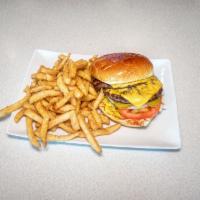  1/2 lb. Double Cheeseburger · served on the bun with ketchup, mustard, lettuce, tomato, onion, and pickle.  