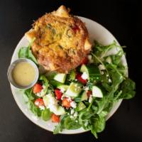 Quiche + Side · personal sized quiche with mushroom and spinach; served with choice of side item
