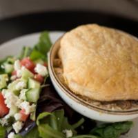 Chicken Pot Pie · roasted chicken, English peas, corn, carrots; topped with a flaky puff pastry and choice of ...