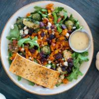 Autumn Bowl · roasted brussel sprouts, butternut squash, pecans,
dried cranberries, goat cheese, arugula; ...