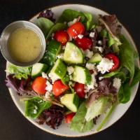 Side Salad · Mesclun mixed greens, cucumbers, tomatoes, feta served with lemon thyme dressing.