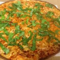 Margherita Pizza · Tomato sauce, mozzarella cheese, fresh tomato, basil and fresh garlic.