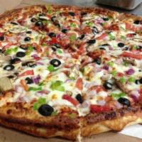 Vegetarian Pizza · Tomato sauce, mozzarella, fresh tomatoes, black olives, red onions, green peppers and fresh ...