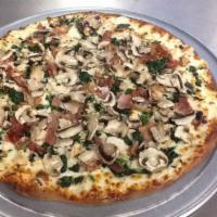 Chicken Alfredo Pizza · Thin crust with Alfredo sauce, chicken, spinach, bacon and mushrooms.