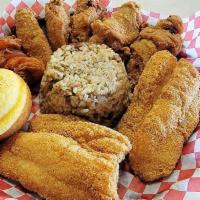 Big Zulu · 5 Pc Creole Fried Jumbo Wings
2 Fish Fillets
4 Shrimp
Seasoned Fries or Dirty Rice