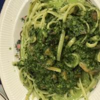 Linguine al Pesto Dinner · Fresh basil sauce with pignoli nuts, cheese and herbs.
