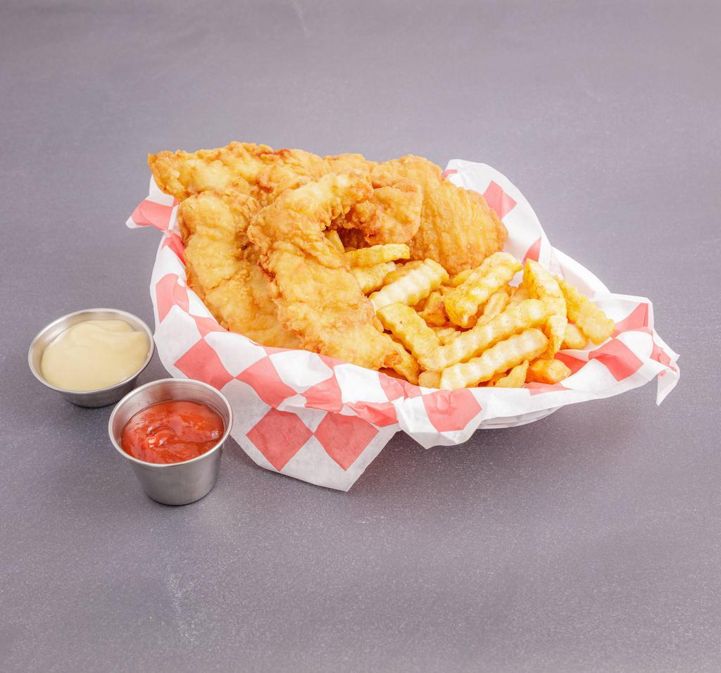 Buffalo Chicken Fingers · 4 pieces. Served with french fries.