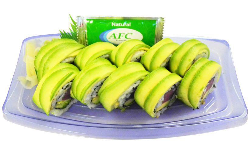 Caterpillar Roll · In: Unagi, crab meat. Out: Slice of avocado.