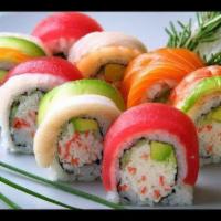 Rainbow Roll · In: Crab meat, avocado. Out: Assorted raw fish.