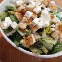 Mediterranean Chopped Chicken Salad · Romaine lettuce, grilled chicken breast, feta cheese, cucumber, red onion, olives, pepperonc...