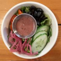 Side Salad · Romaine lettuce, tomato, cucumber, pickled red onion, olives, choice of dressing. 
