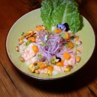 Shrimp Ceviche  · Chilled shrimp ceviche marinated in the aji limo leche de tigre accompanied with choclos per...