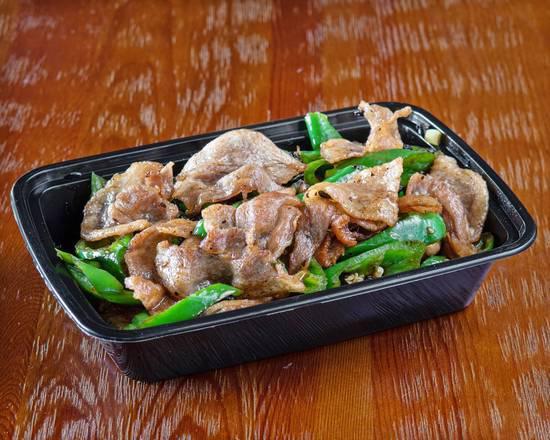 Hunan Style Sauteed Thin Sliced Pork · Pork thin slices with green chili, black been sauce, and mid spicy dish. Please notate the order if you want more or less spicy.
