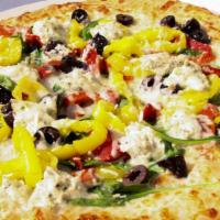 SICILIAN THIN CRUST PIZZA · GARLIC & OLIVE OIL, BABY SPINACH, FIRE ROASTED PEPPERS, 
HOT BANANA PEPPERS, CALAMATA OLIVES...