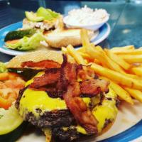 BG3. Bacon Cheeseburger with Fries free soda  · Patty topped with cooked mushrooms and swiss cheese. 