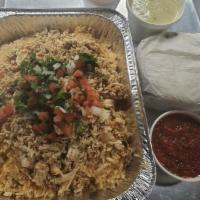 ARROZ CON POLLO · Chicken and Rice,
Serves 4 to 6, beans, queso, tortillas,  
Chips and salsa