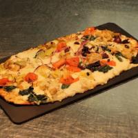 Vegetarian Flatbread Pizza · Roasted peppers, mozzarella, caramelized onions, roasted garlic, tomatoes, arugula, olives, ...