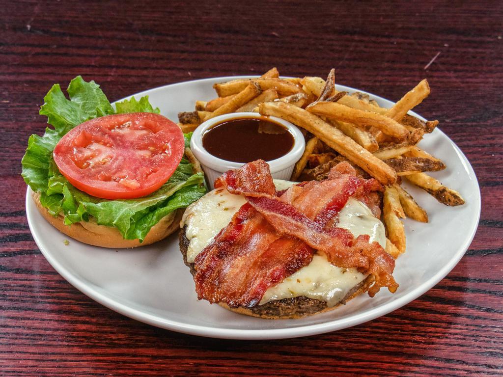 Black Jack Burger · Blackened Angus burger, chile Jack cheese, applewood smoked bacon, side care of habanero BBQ sauce. Served on a toasted brioche bun with hand-cut fries.