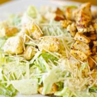 Chicken Caesar Salad · Freshly made Caesar salad. Base of romaine with Caesar dressing, chicken, croutons, crackers...