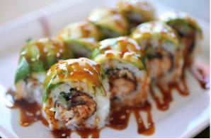 All About Eel Roll · All About Cha's original sushi roll. Has flambe' eel strips, crab meat and cucumber inside. Topped with avocado and sesame seed. Sauce: eel sauce Comes with a cup of miso soup.