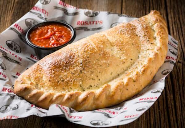 Calzone · Mozzarella cheese wrapped with butter-brushed dough, sprinkled with Parmesan and oregano then baked to perfection. Served with a side of marinara sauce.  Add toppings for an additional charge.