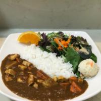 Curry Rice · Japanese-style curry with potatoes and carrots; served with salad, rice, & miso soup