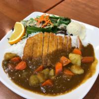 Katsu Curry · Japanese-style curry with breaded-katsu topping; served with salad, rice, and miso soup