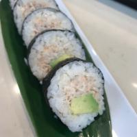 Blue Crab Avocado Roll · 5 Pieces. Avocado and blue crab with seaweed outside.