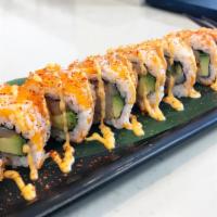 Spicy Scallop Roll · fresh scallops and avocado and cucumbers; masago, spicy mayo, shichimi (Japanese 7-spice pow...