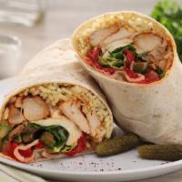 Mediterranean Chicken Wrap · Mediterranean style baked chicken and rice pilaf topped with lettuce, tomatoes, red onions, ...