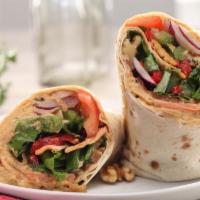 Hummus Garden Wrap · Homemade Hummus topped with lettuce, tomatoes, red onions, roasted red peppers wrapped in La...