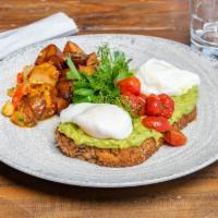 Smashed Avocado Toast · Poached eggs, toasted 7-grain bread, grape tomatoes, parsley, extra virgin olive oil. Vegeta...