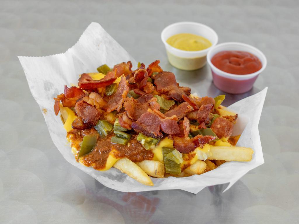 Loaded Fries · Chili, cheese, bacon, onions and jalapenos.