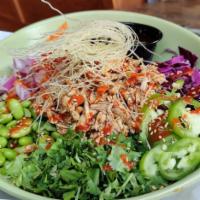 Asian Bowl · Served on a bed of mixed greens with Pulled Teriyaki Chicken, Edamame, Red Cabbage, Jalapeno...