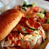 Spicy Fried Chicken · 1/2 lb Spicy Fried chicken breast, melted pepper jack cheese, sriracha slaw, B&B pickles on ...