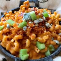 Buffalo Chicken Mac · Grilled chicken with blue cheese and celery in a spicy cheese sauce.