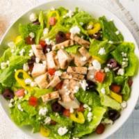 Greek Salad · Romaine, grilled chicken, feta, roma tomato, kalamata olives, banana peppers, and zesty Ital...