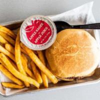 KID Burger Meal (served with no Toppings) · Kids hamburger.  Served with no toppings or sauces.   Fries inlcuded.