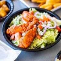 Buffalo Chicken Salad · Romaine/Iceberg Lettuce, Chopped Tomato, Sliced Red Onion, Blue Cheese Crumbles, Topped with...