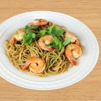 Shrimp Garlic Noodle · Mi xao toi voi tom nuong bo. Spaghetti noodles, 6 jumbo shrimp, tossed with garlic and butte...