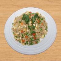 Tofu Fried Rice · Com chien dau hu. Green bean, carrots, white onion, premium tofu and whole egg.