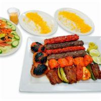 Family Kabob Plate for 3 People · 1 skewer of shish kabob (6 oz.), 1 skewer of chicken tender (6 oz.), 1 skewers of ground bee...
