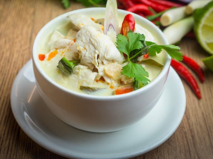 Tom Kha · Choice of style. Galangal mushroom, lime leaves, bell pepper and lemongrass in coconut milk broth.