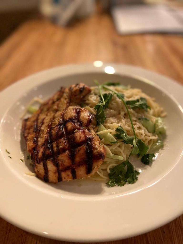 Cilantro Marinated Chicken Breast · Served with Lime Butter over Creamy Angel Hair Pasta