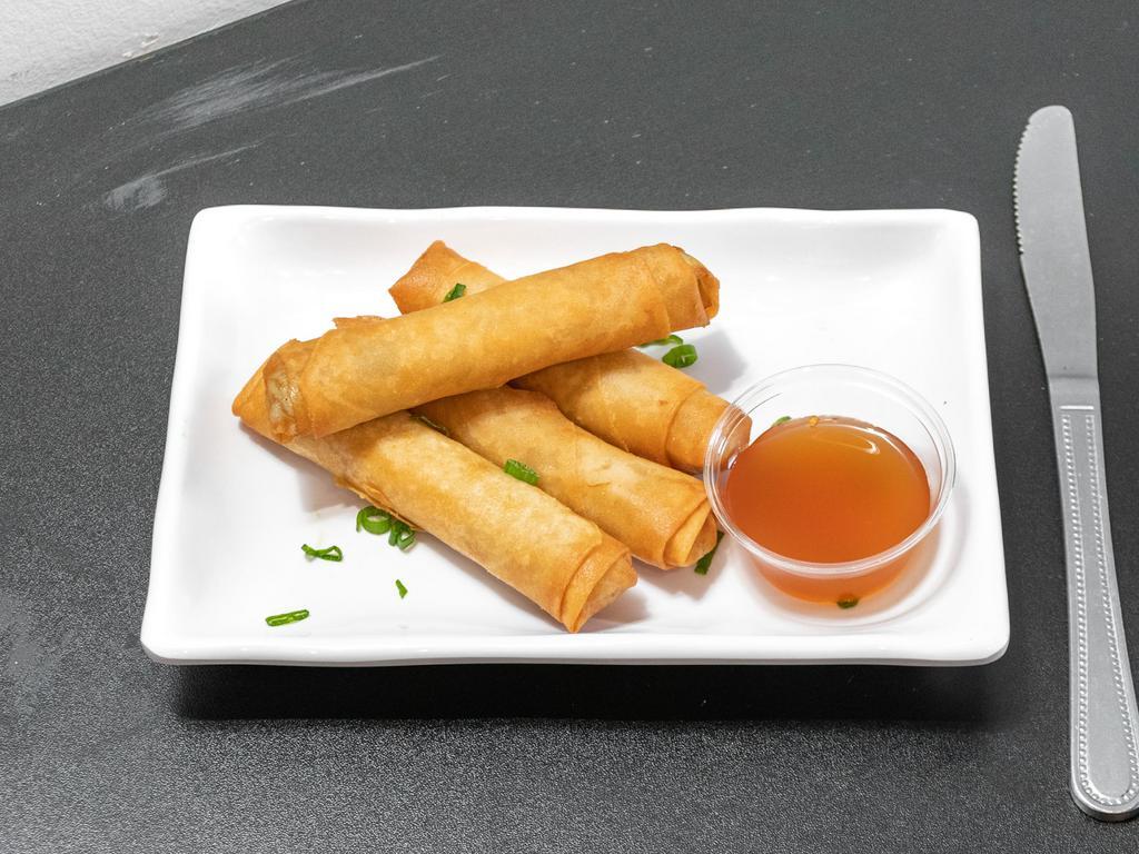 Spring Rolls · 4 rolls. Crispy wrapper filled with noodles and cabbage blend and aromatic vegetables. Served with our sweet chili dipping sauce. Vegan. 