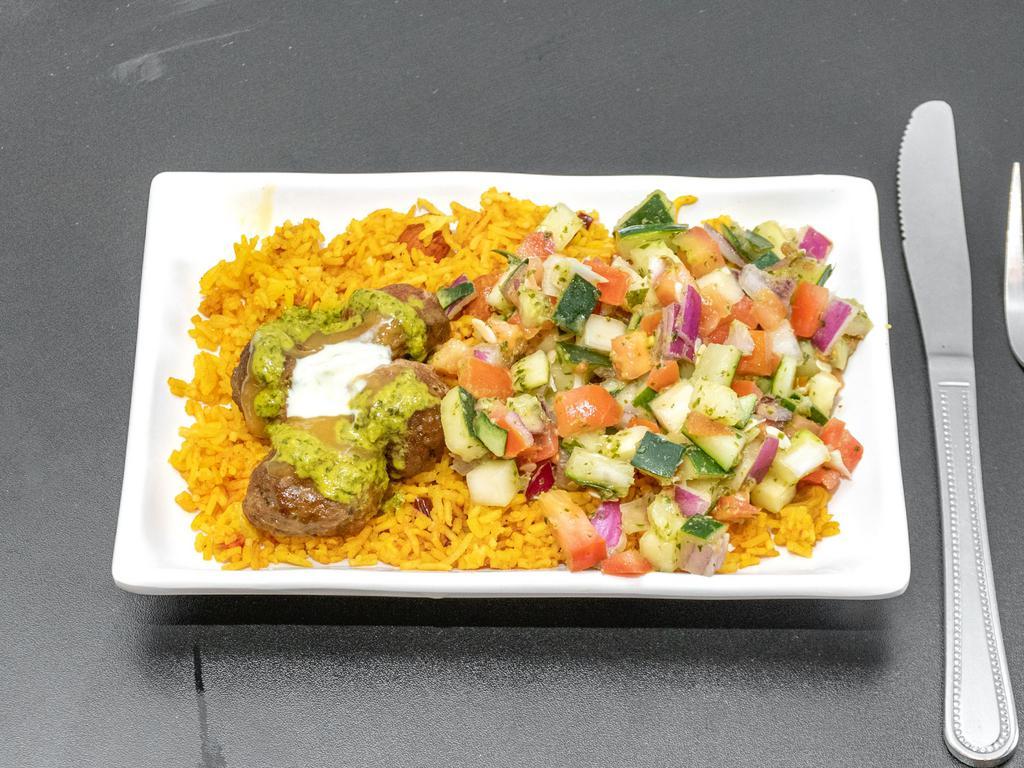 Beef and Lamb Kebab Bowl · Contains nuts. Beef and lamb kebab meatballs with biriyani rice, mango and green chutney and raita.