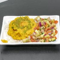Lentil Bowl · Dal stewed savory lentils and jasmine rice topped with fried garlic and served with paki pic...