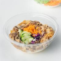 KF beef bowl (served hot) · Thinly sliced fat brisket and onions in sweet savory sauce 
with Cucumbers,Carrots, Cabbage,...