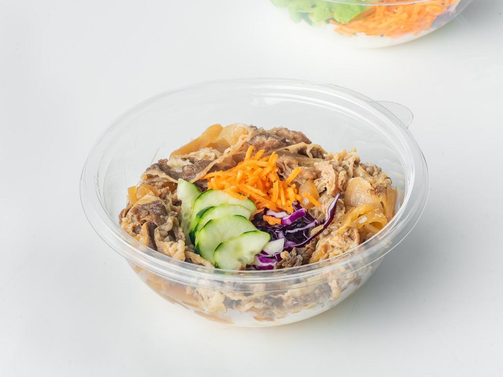 KF beef bowl (served hot) · Thinly sliced fat brisket and onions in sweet savory sauce 
with Cucumbers,Carrots, Cabbage, King Fish Classic sauce.