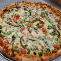 Veggie Pizza · Sauce, cheese, spinach, broccoli, green peppers, mushrooms, tomato, onions and fresh garlic.